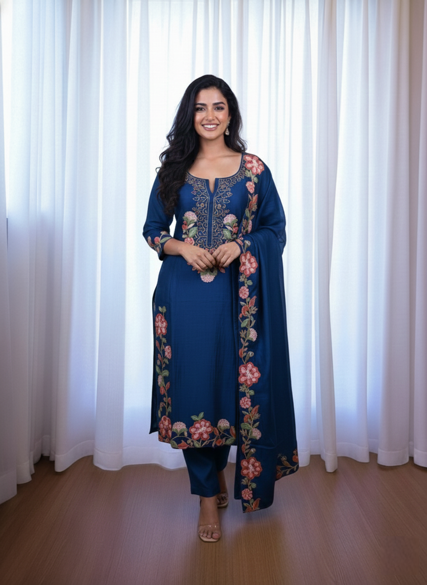 Mulmul Chanderi with Multi Colour Thread Embroidery Suit