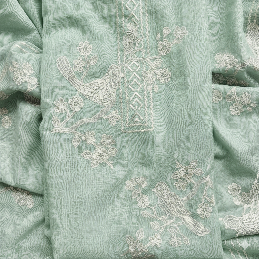 Pure Mulmul Chanderi with stripes and birds embroidery Suit