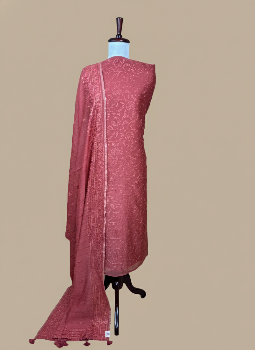 Rust Mulmul Chanderi Thread Jaal Embroidery Suit