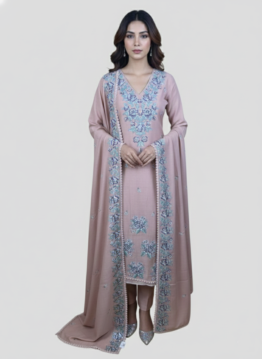 Mulmul Chanderi Cross Stitched Multi Thread Embroidery Suit
