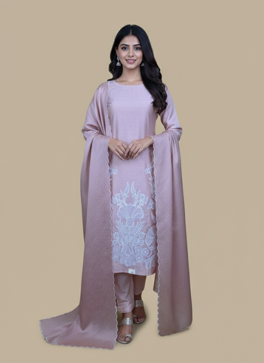 Beige Mulmul Chanderi Applique Floral Embroidery Suit