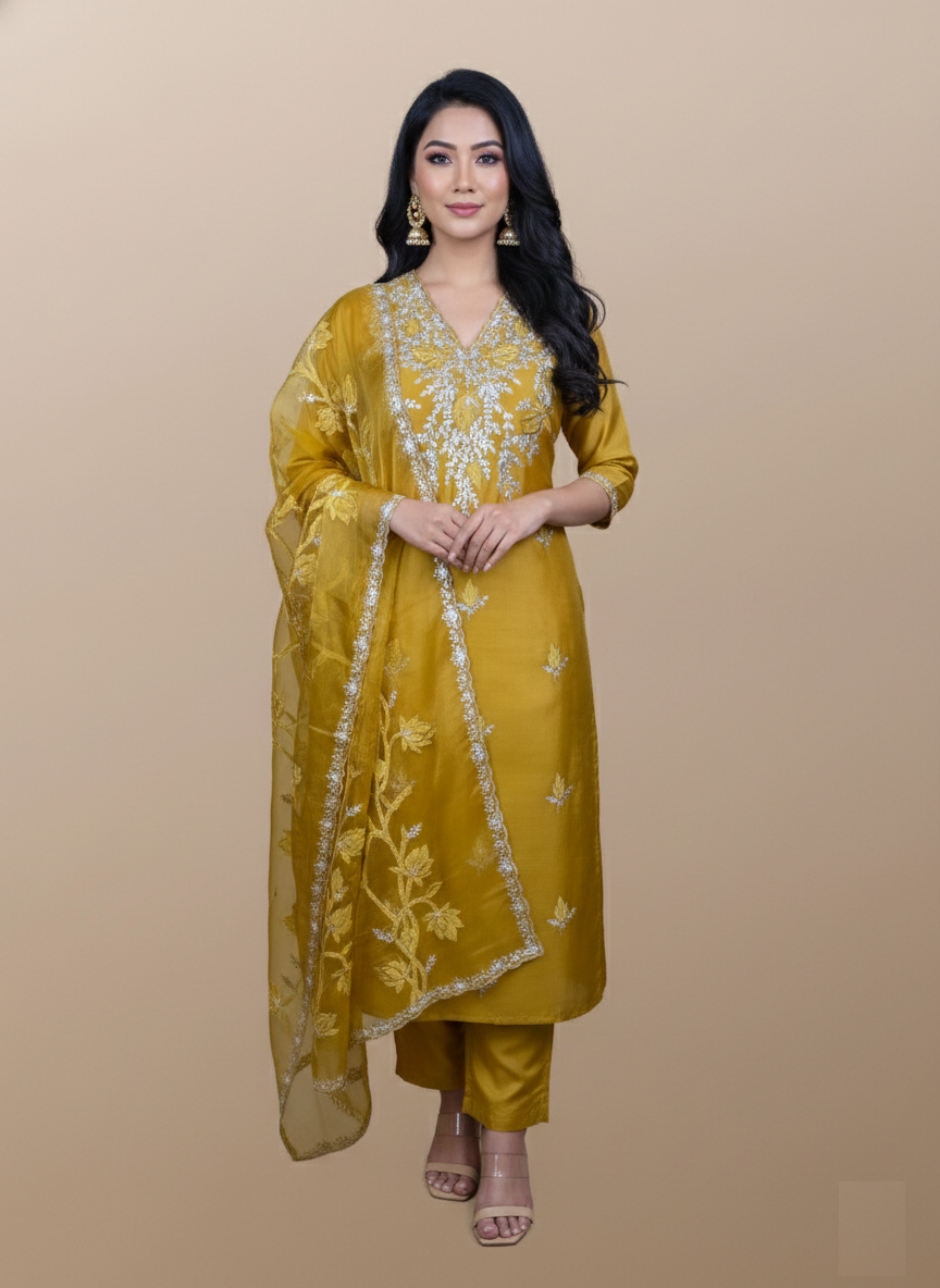 Pure Organza with Pitta Applique leaves Embroidery Suit