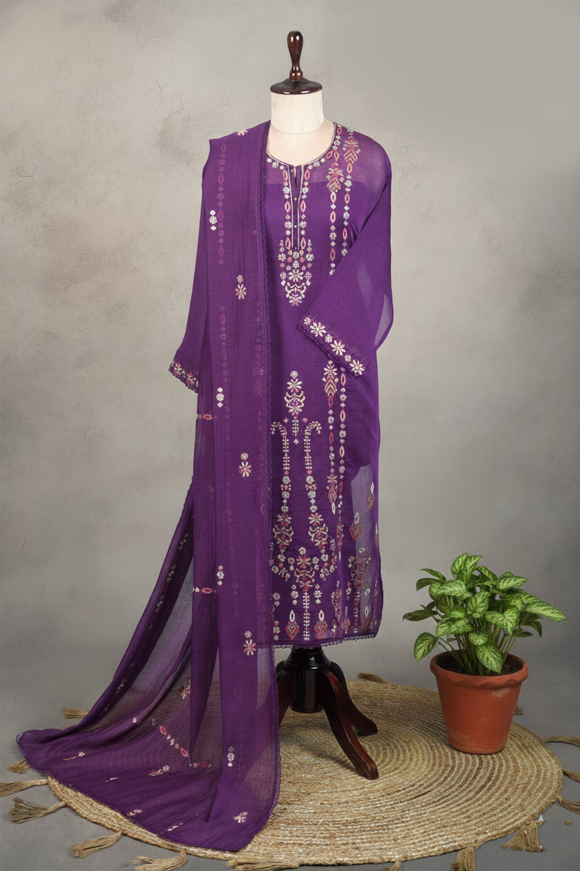 Mulmul Chandari Cross Stitched Thread Embroidery Suit with Dupatta