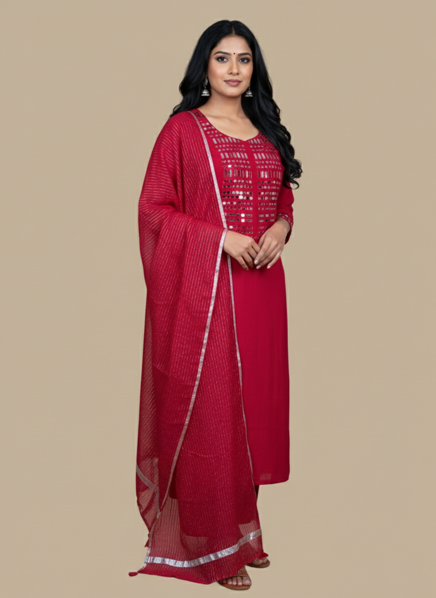 Pure Mulmul Chanderi Mirror and Thread Embroidery Suit Set