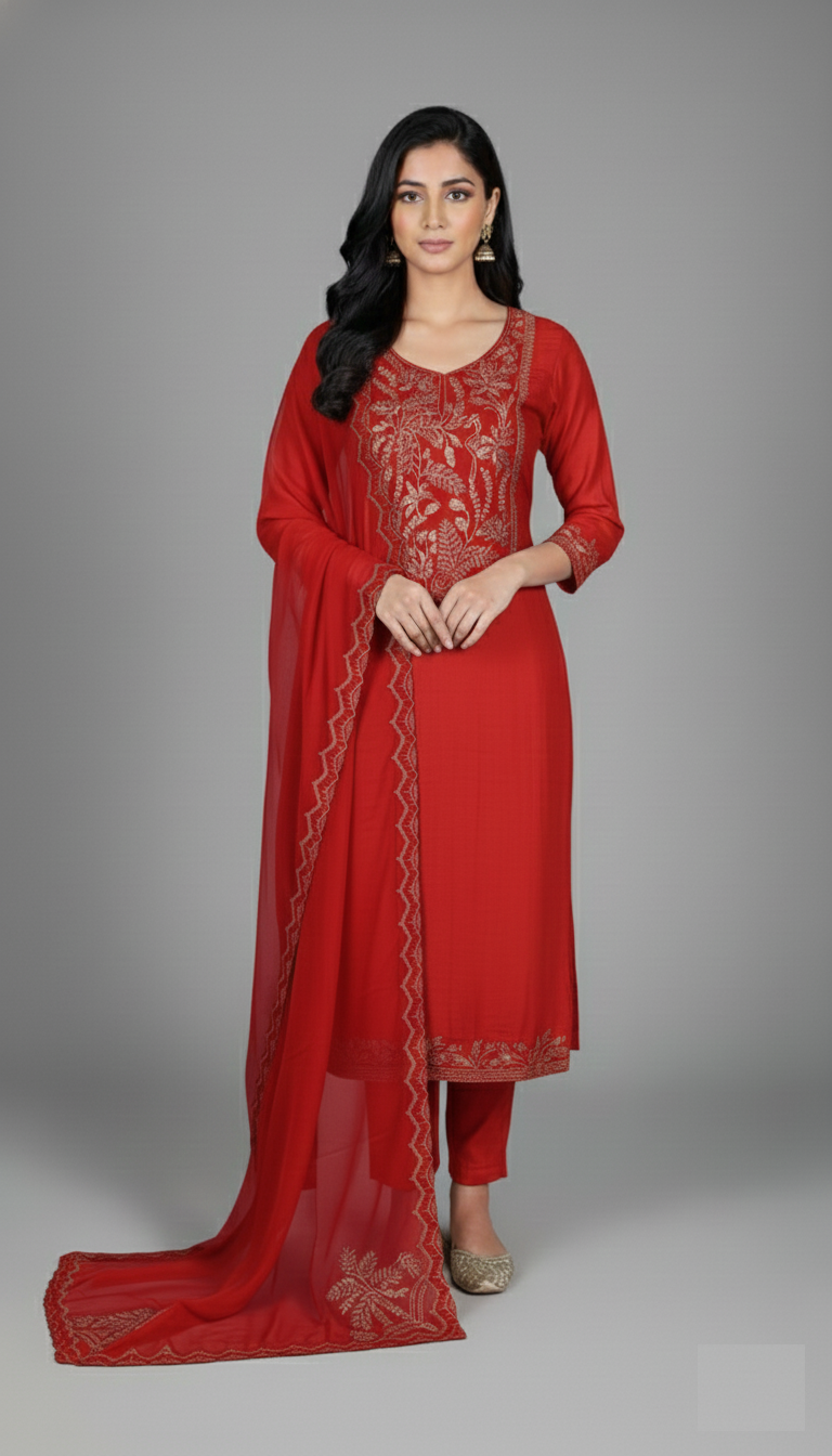 Mulmul Chanderi with Organza dupatta with Zari Embroidery Suit