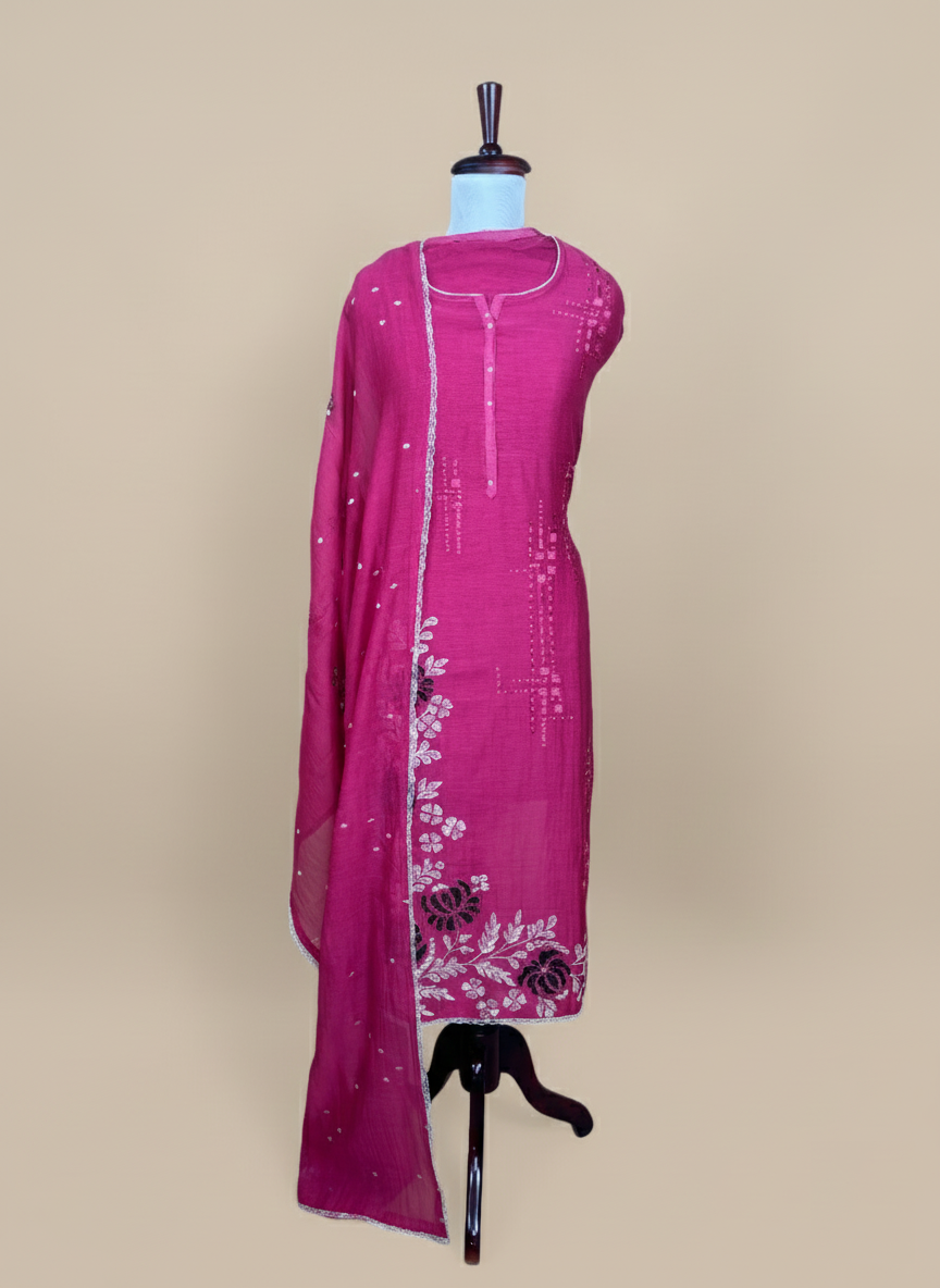 Magenta Mulmul Chanderi with Applique Thread Embroidery Suit