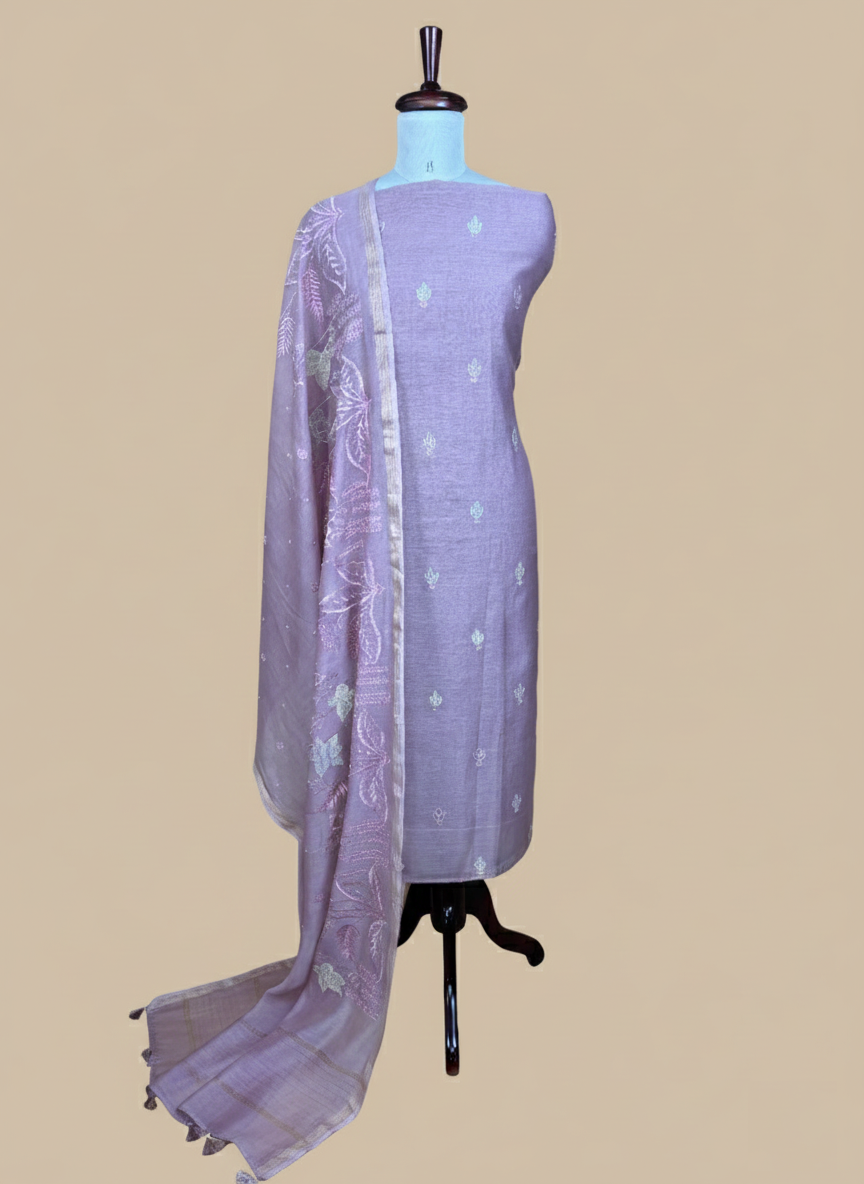 Mauve Mulmul Chanderi with Applique Embroidery Suit