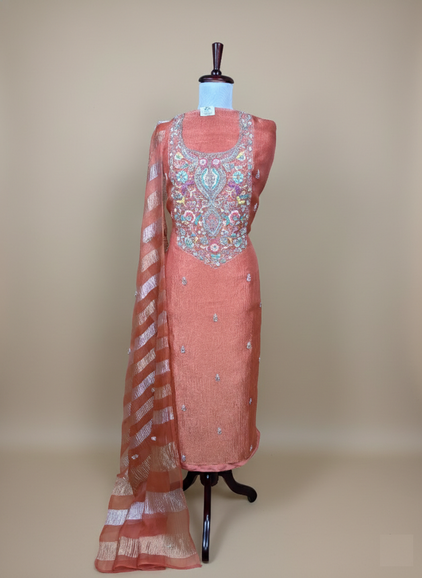 Pure Crinkled Tissue with Zardozi Frenchknot Pearl and Dori Embroidery Suit