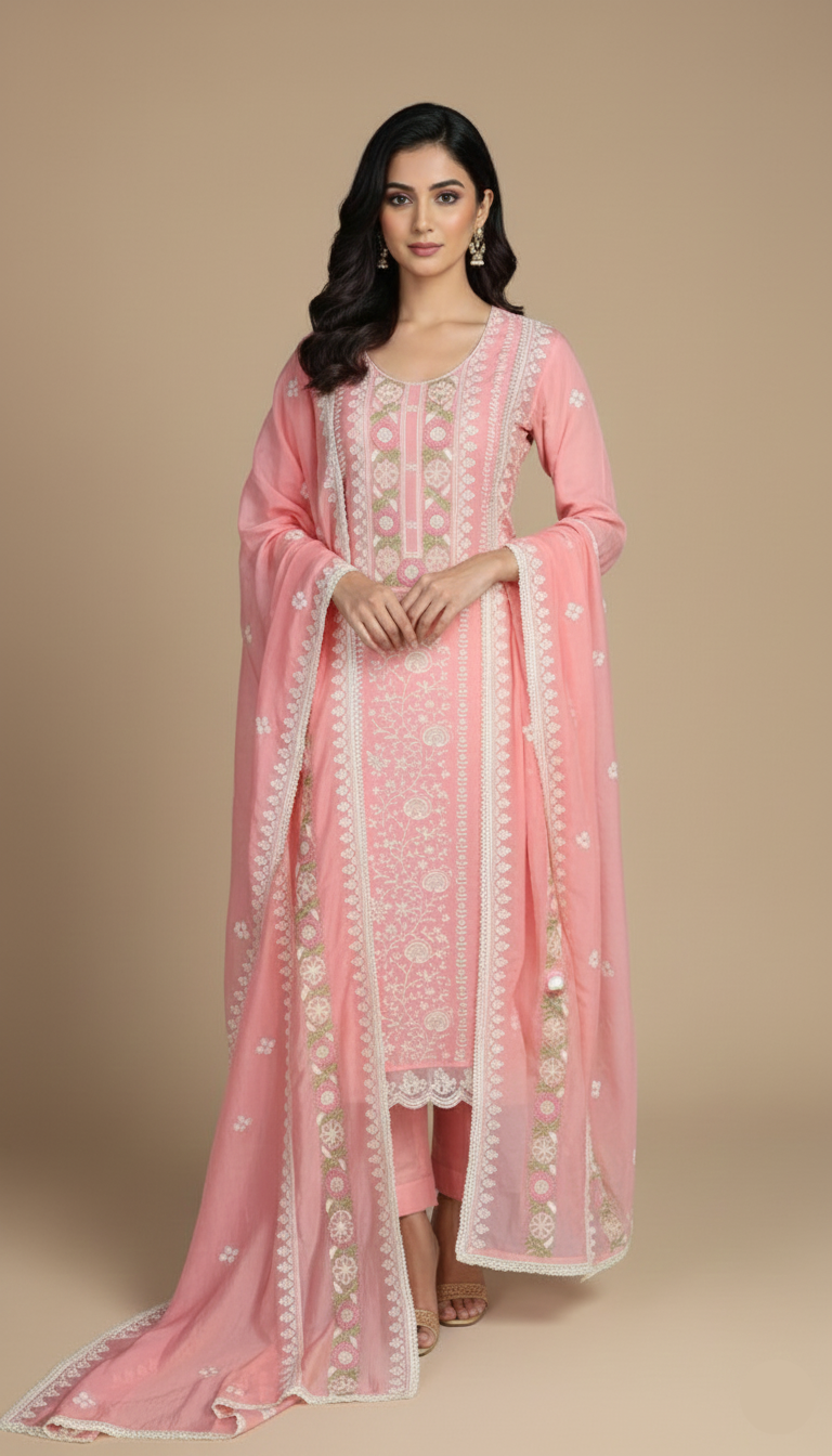 Peach Mulmul Luckhnavi thread embroidery with beads