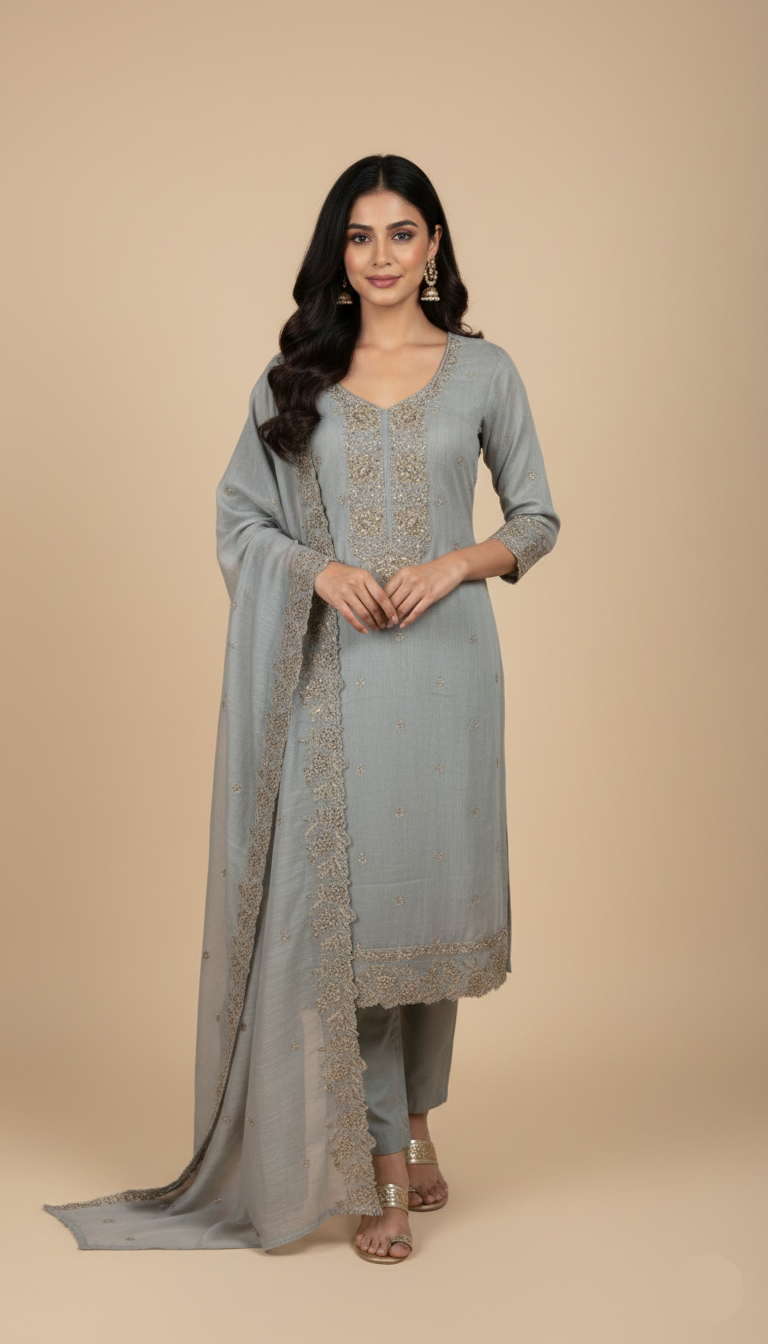 Pure Mulmul Chanderi Unstitched Suit With Sequence Highlights Embroidery