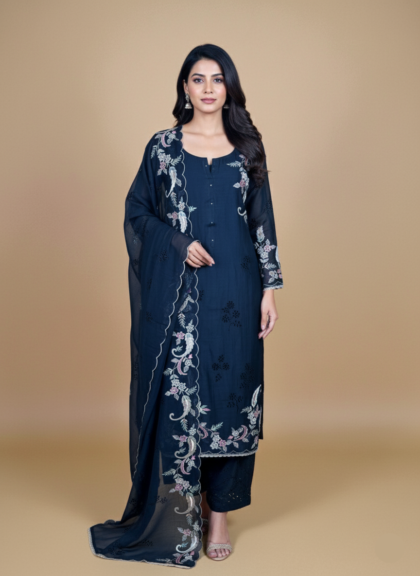 Black Mulmul Chanderi Applique Multicolour Thread Embroidery Suit