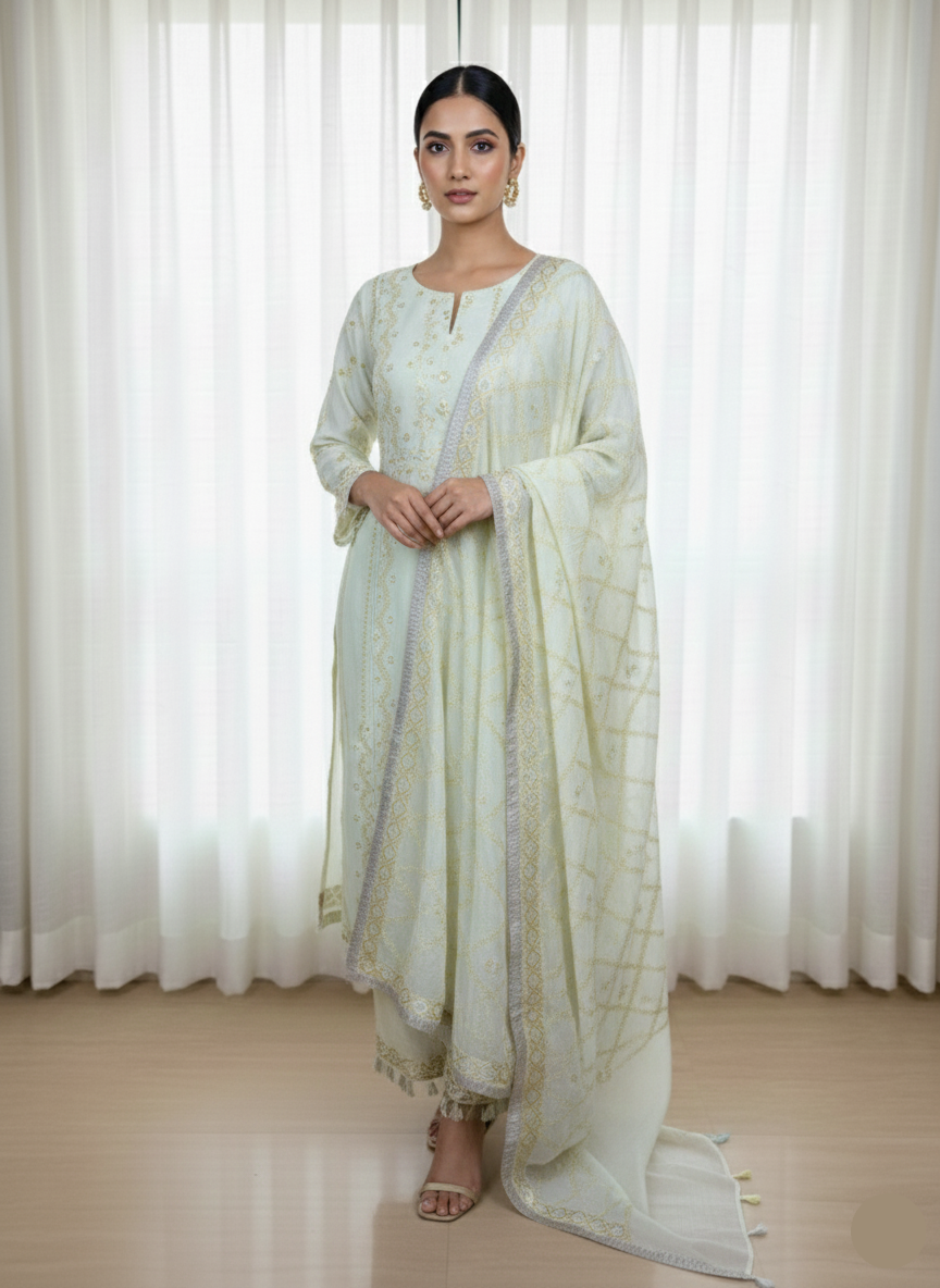 Pure Mulmul Chanderi Jaal Embroidery Suit with Dupatta