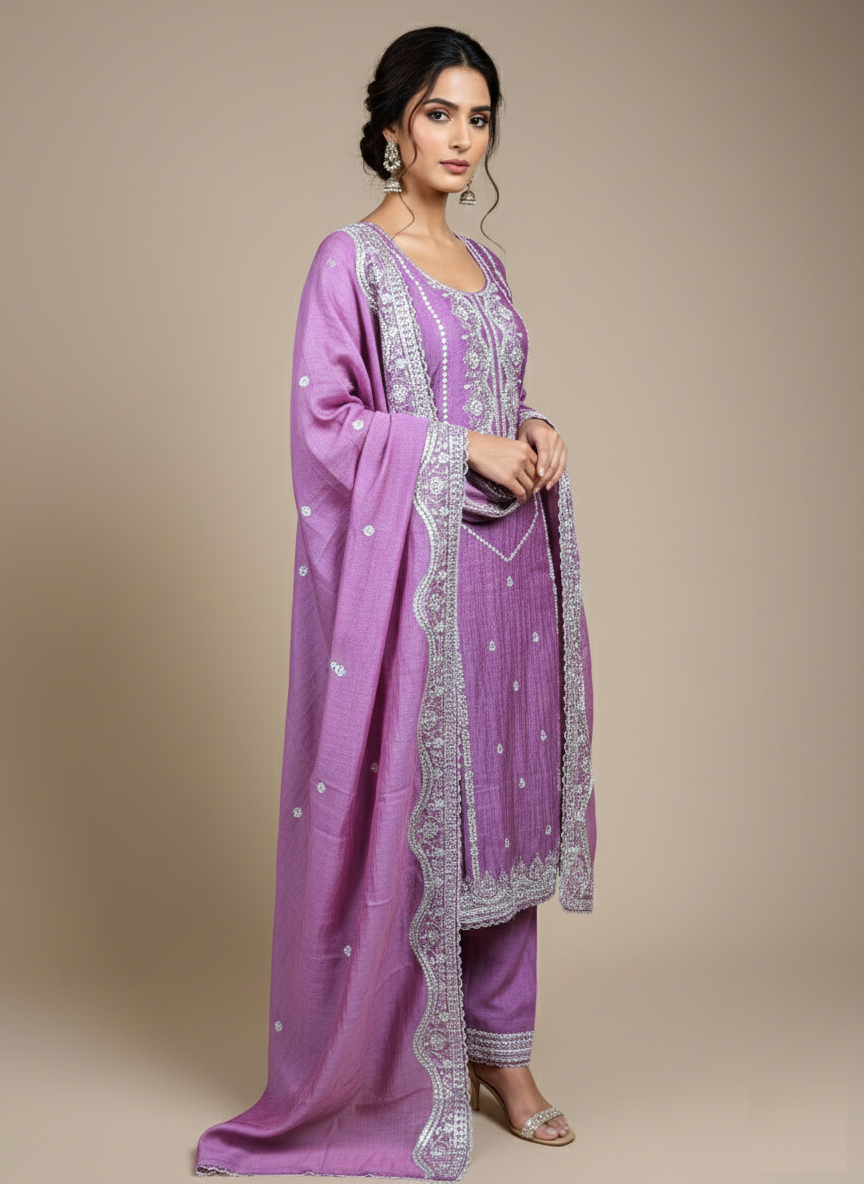 Mulmul Chanderi Sequins Embroidery Suit with Dupatta