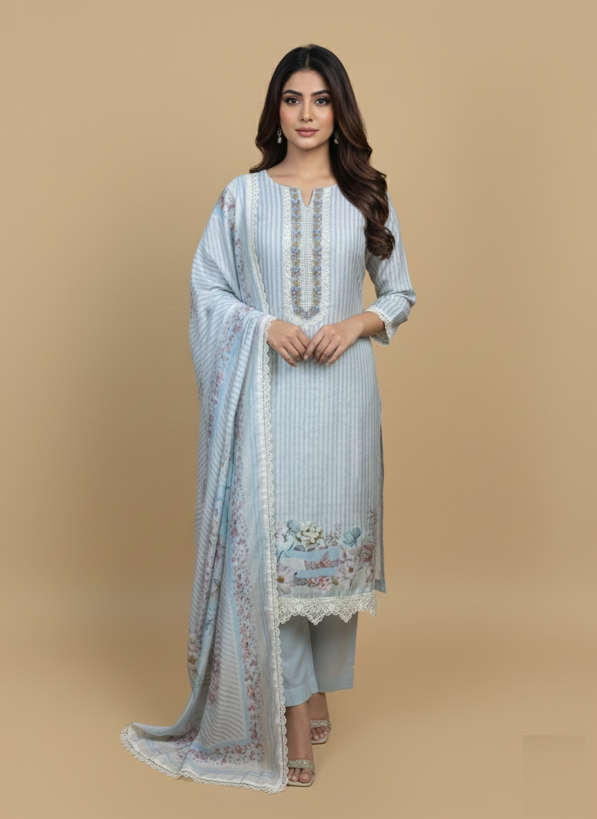 Mulmul Chanderi Embroidery Suit with Printed Floral Dupatta
