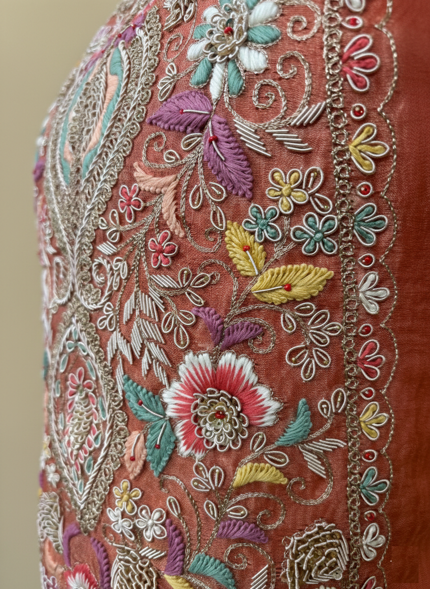 Pure Crinkled Tissue with Zardozi Frenchknot Pearl and Dori Embroidery Suit