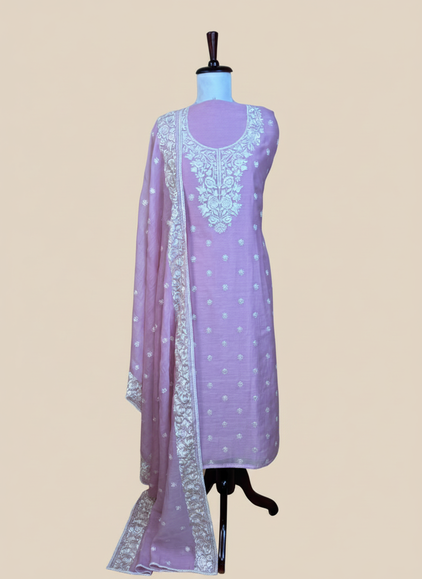 Pink Mulmul Chanderi Thread Embroidery Suit with Dupatta