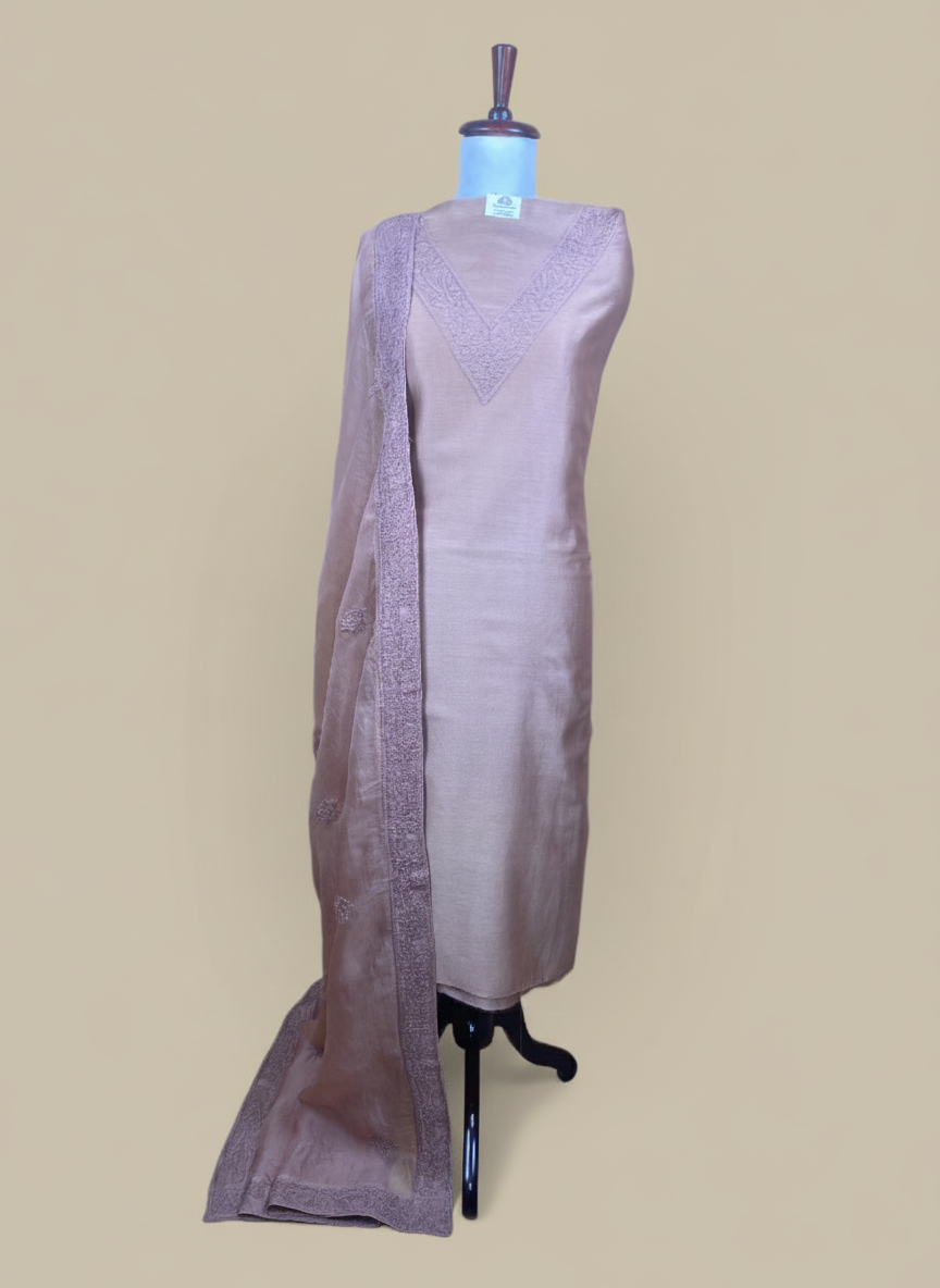 Beige Mulmul Chanderi Thread Embroidery Suit with Orgenza Dupatta