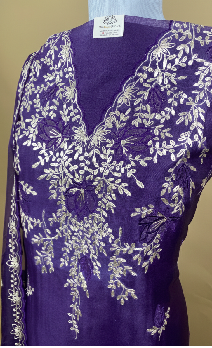 Pure Organza with Pitta Applique leaves Embroidery Suit