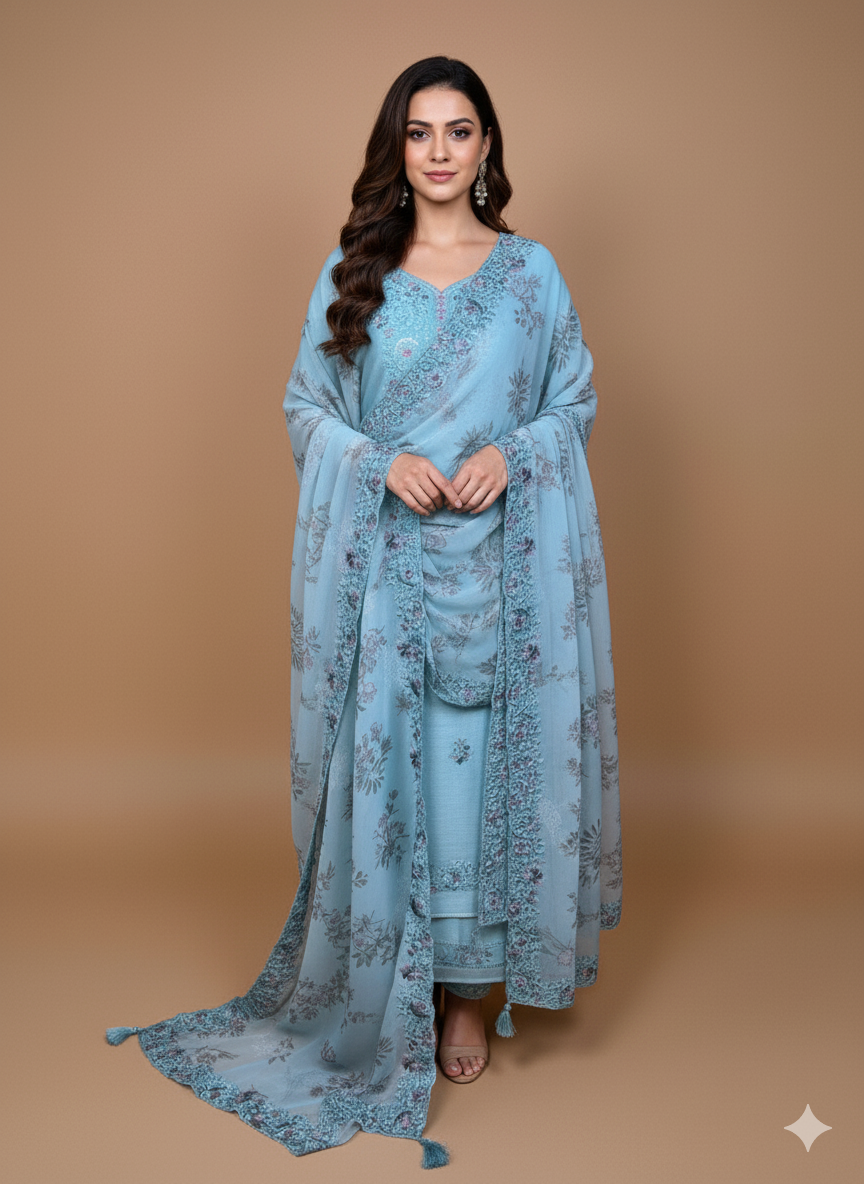 Sky Blue Mulmul Chanderi Embroidery Suit with Printed floral Organza Dupatta