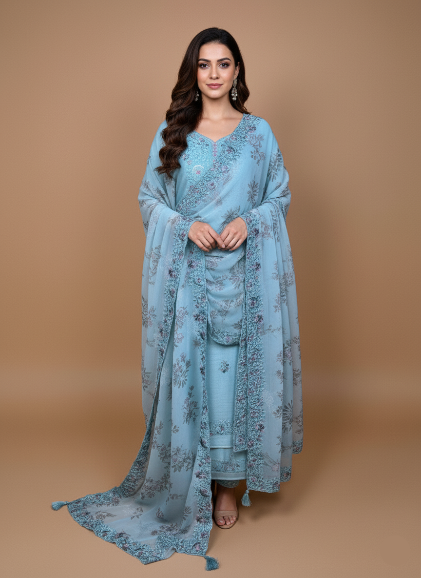 Mulmul Chanderi Embroidery Suit with Printed floral Organza Dupatta