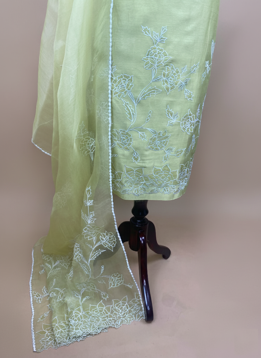 Lemon Yellow Mulmul Chanderi Applique Floral Embroidery Suit