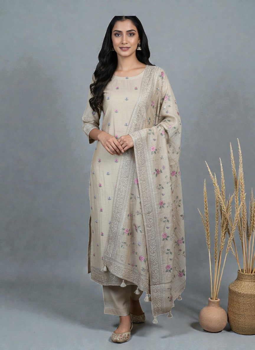 Mulmul Chanderi Cross stitched Embroidery Suit with Dupatta
