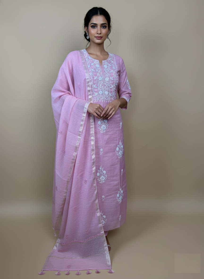 Pink Mulmul Luckhnavi with Pearl Sequence Highlight