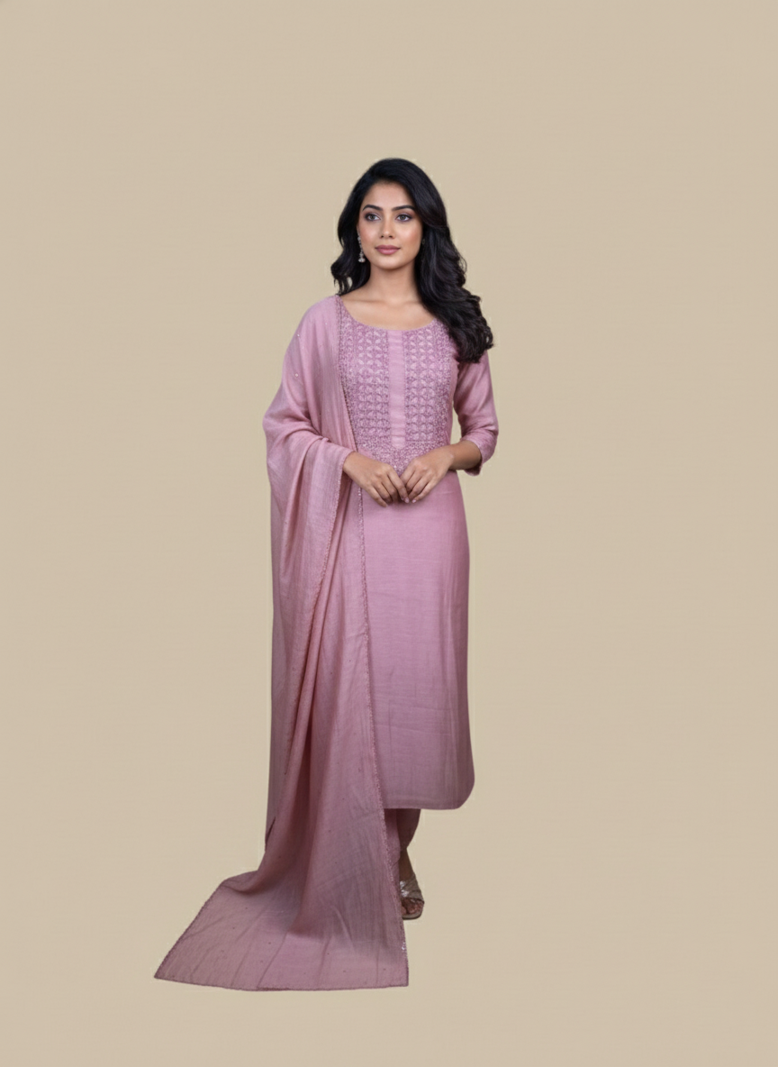 Mulmul Chanderi Sequence Thread and Pearl Embroidery Suit With Dupatta