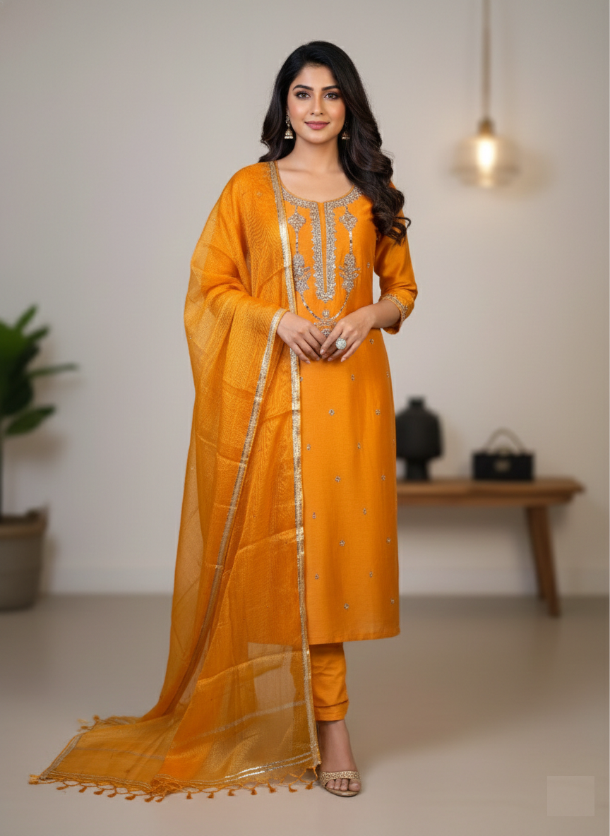 Orange Mulmul Chanderi Gotta Patti Suit with Kota Silk Dupatta