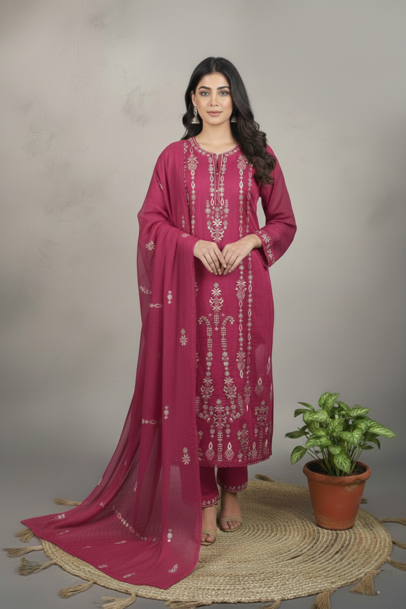 Mulmul Chandari Cross Stitched Thread Embroidery Suit with Dupatta