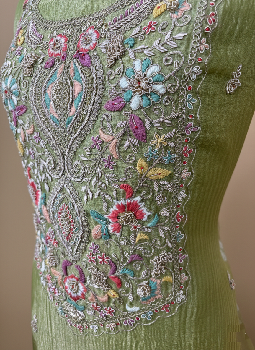 Pure Crinkled Tissue with Zardozi Frenchknot Pearl and Dori Embroidery Suit