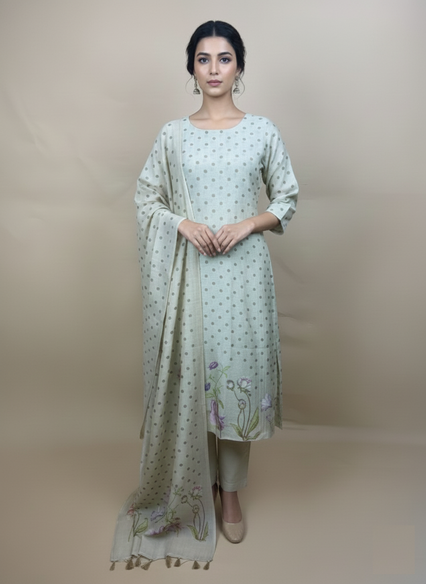 Beige Pure Mulmul Chanderi Floral Printed Suit with Tassels