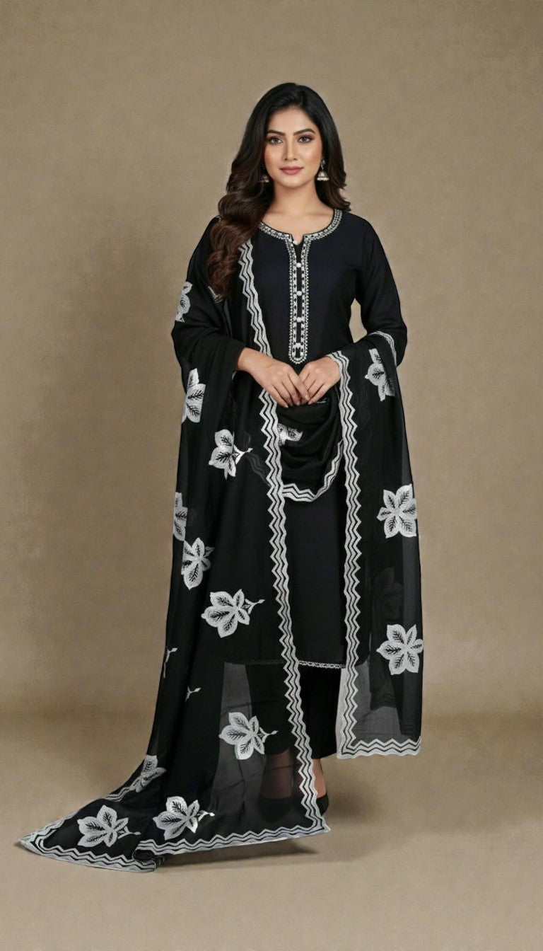 Pure Mulmul Chanderi Unstitched Suit With White Floral Applique Embroidery