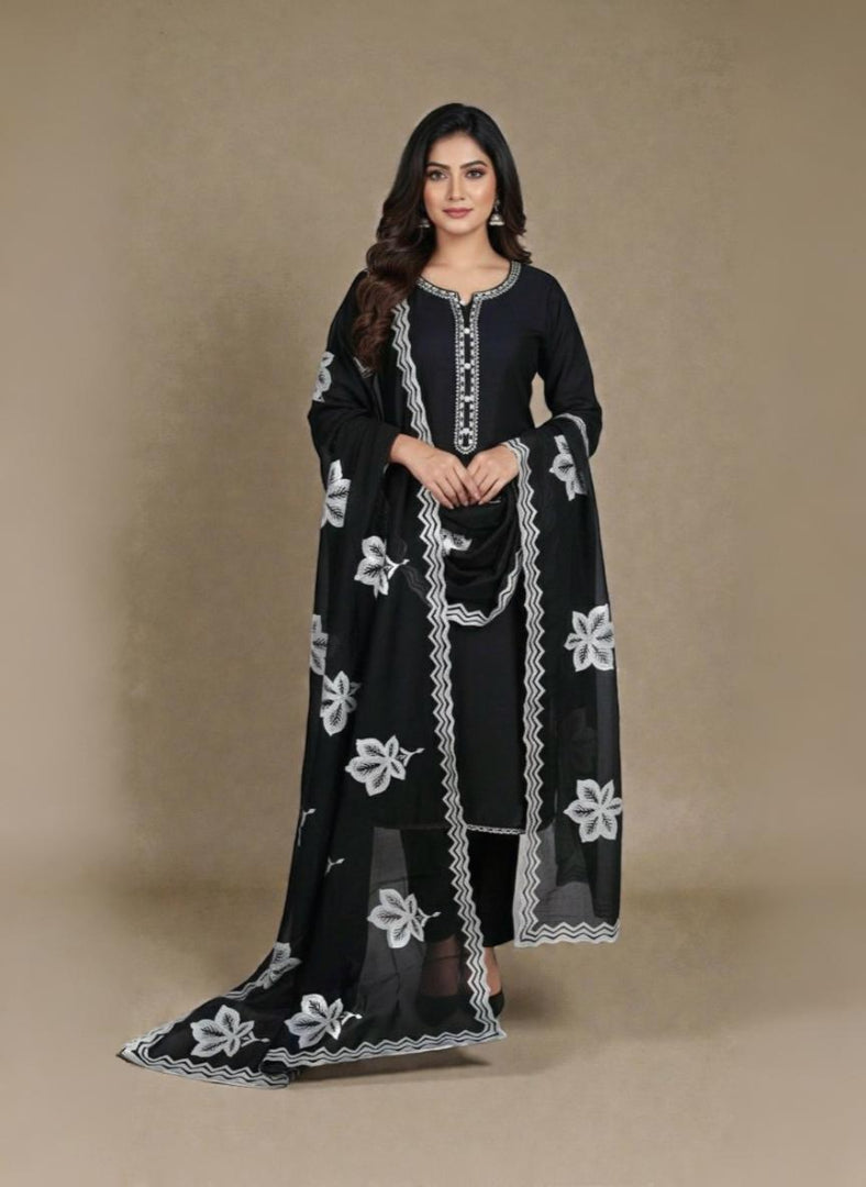 Pure Mulmul Chanderi Unstitched Suit With White Floral Applique Embroidery