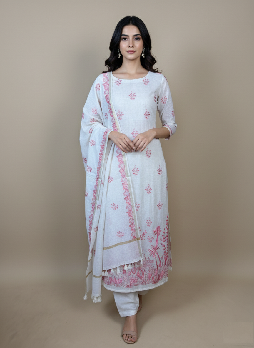 Cream Mulmul Chanderi with Thread Embroidery Suit
