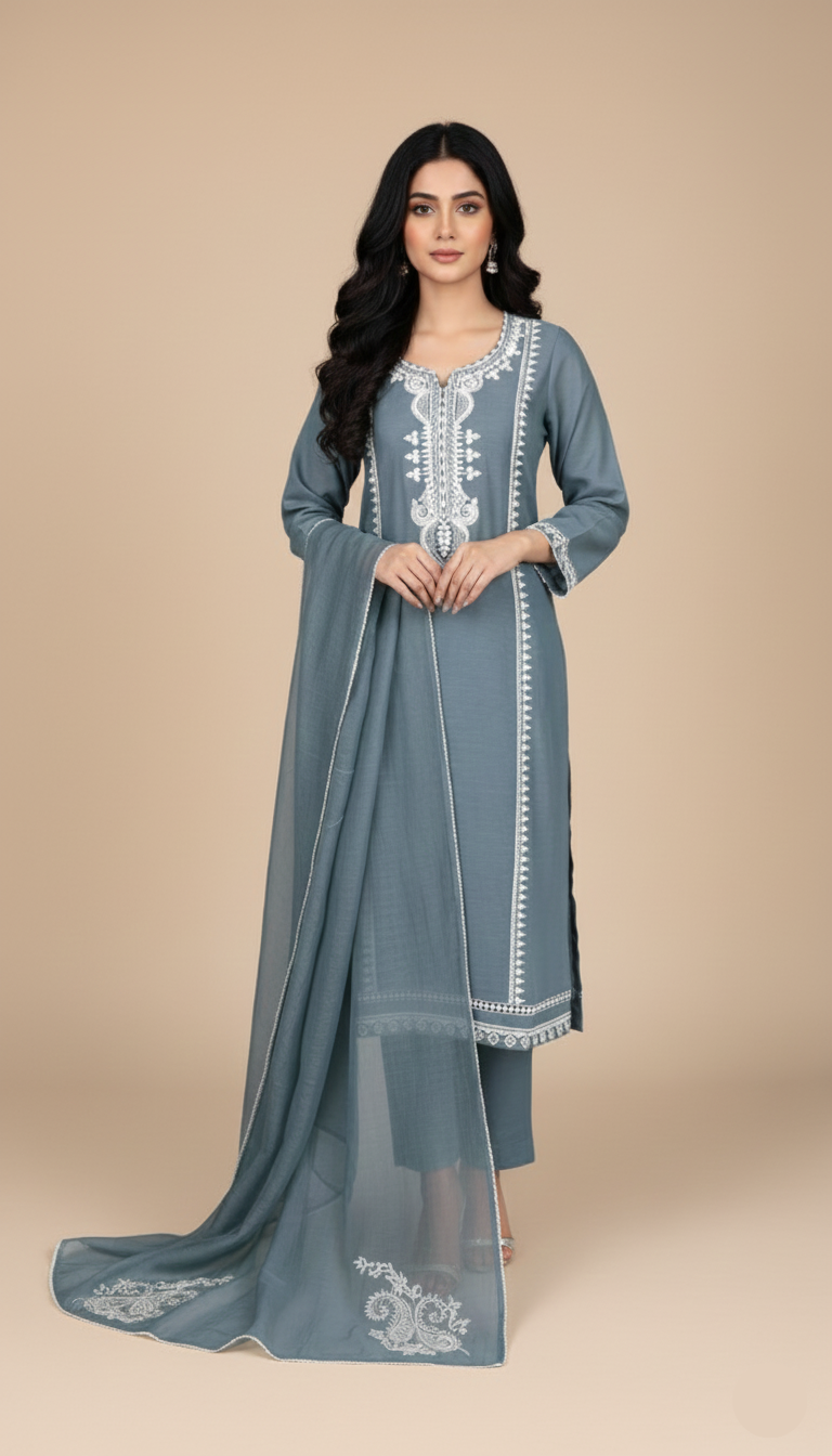 English Blue Pure Mulmul Chanderi Unstitched Suit With White Dori Embroidery