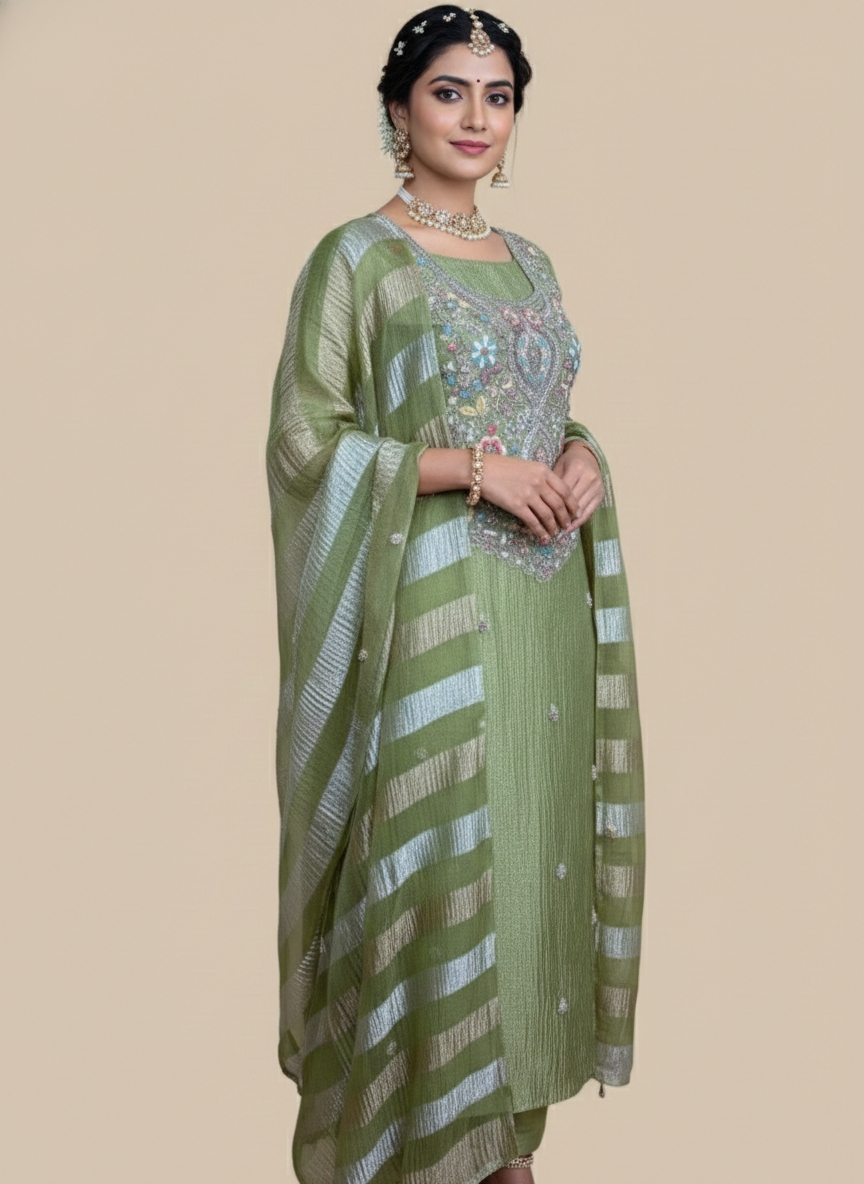 Pure Crinkled Tissue with Zardozi Frenchknot Pearl and Dori Embroidery Suit