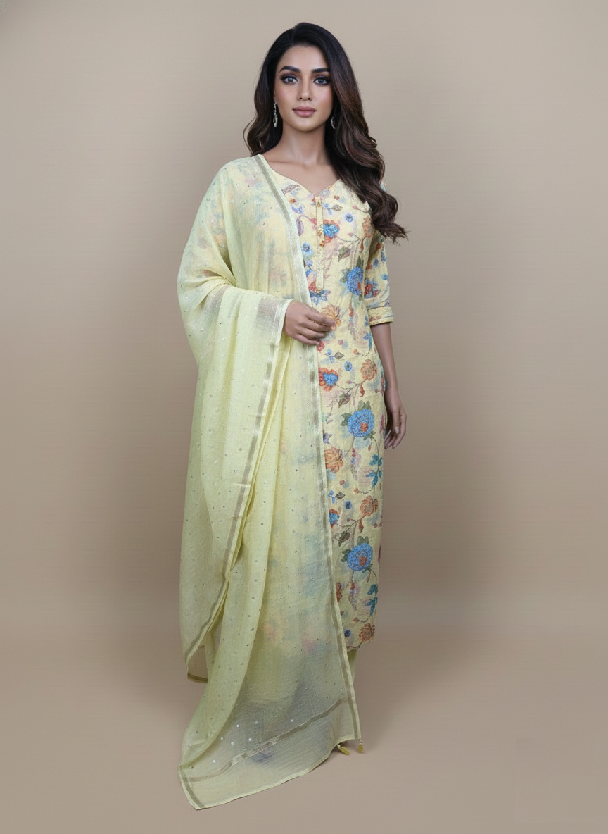 Pure Mulmul Chanderi Floral Printed Embroidery Suit