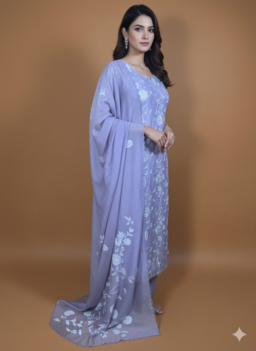 Mulmul Chanderi Floral Thread Work Embroidery Suit