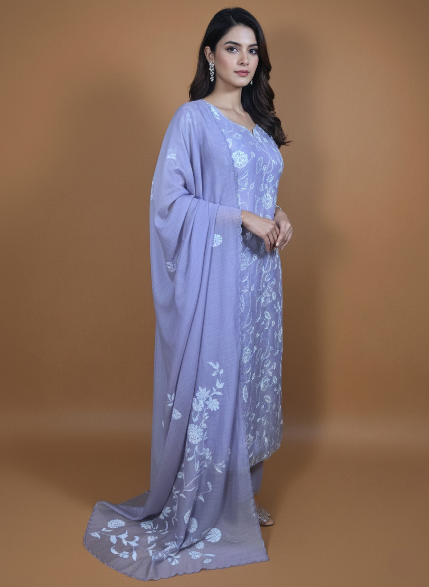 Mulmul Chanderi Floral Thread Work Embroidery Suit Applique Dupatta