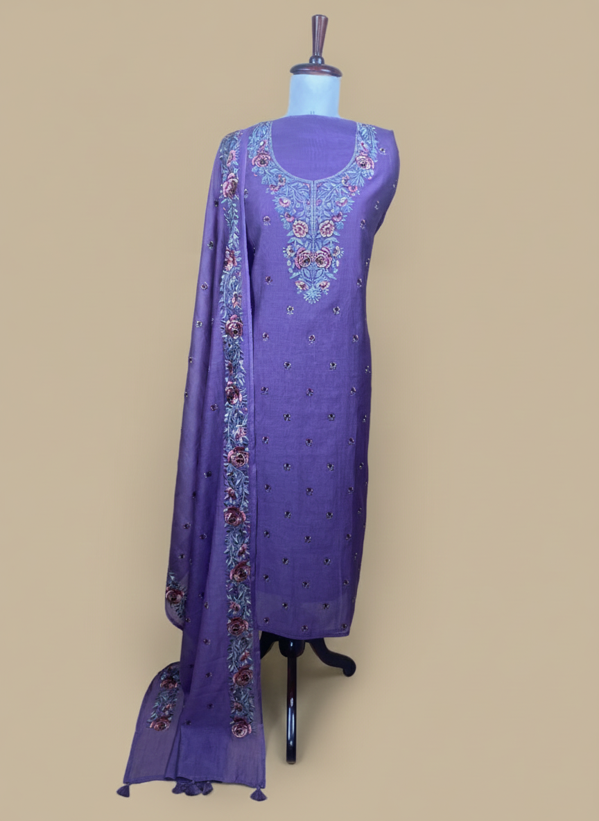 Pure Mulmul Chanderi Sequence work with thread Embroidery Suit