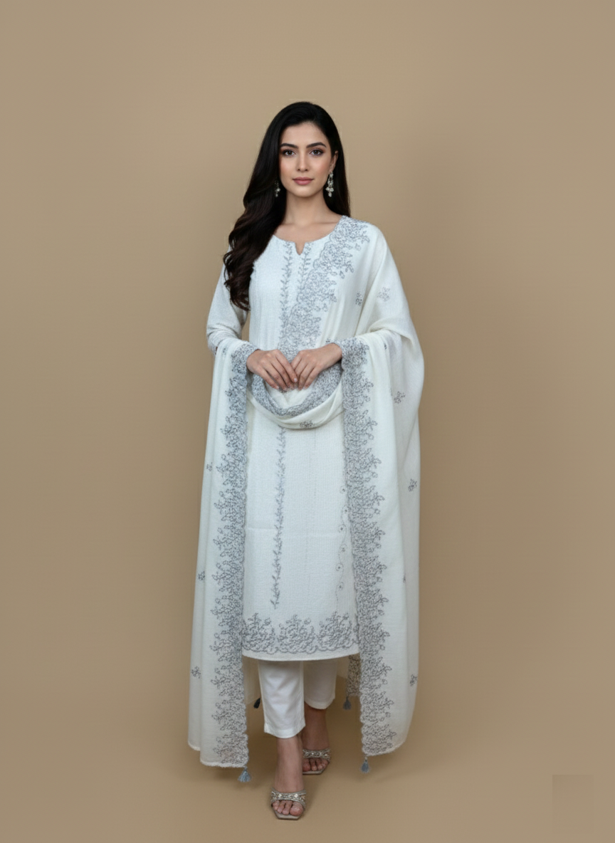 Off White Mulmul Chanderi Thread Work Embroidery Unstitched Suit
