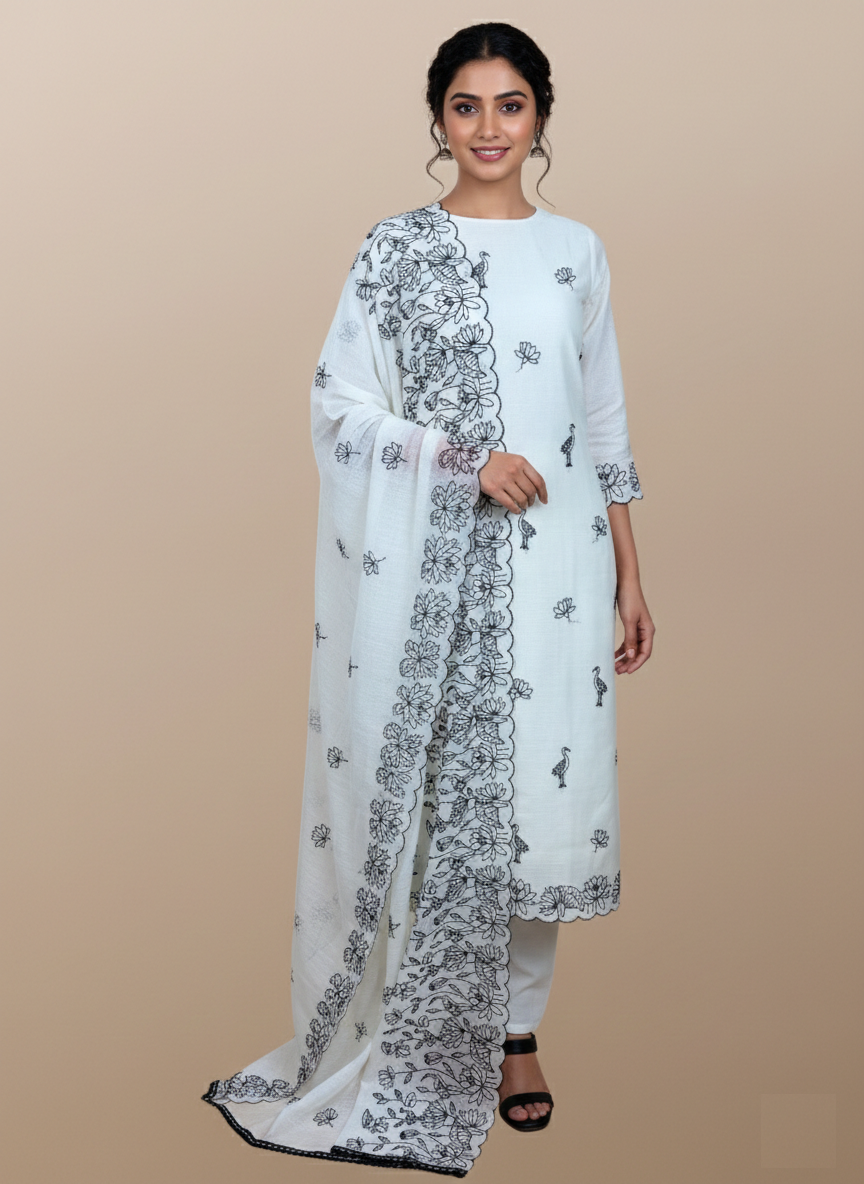 White Pure Mulmul Chanderi Hand Embroidery Suit