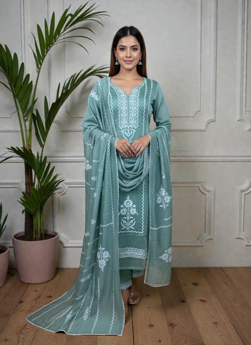 Mulmul Chanderi Applique Suit with Dupatta