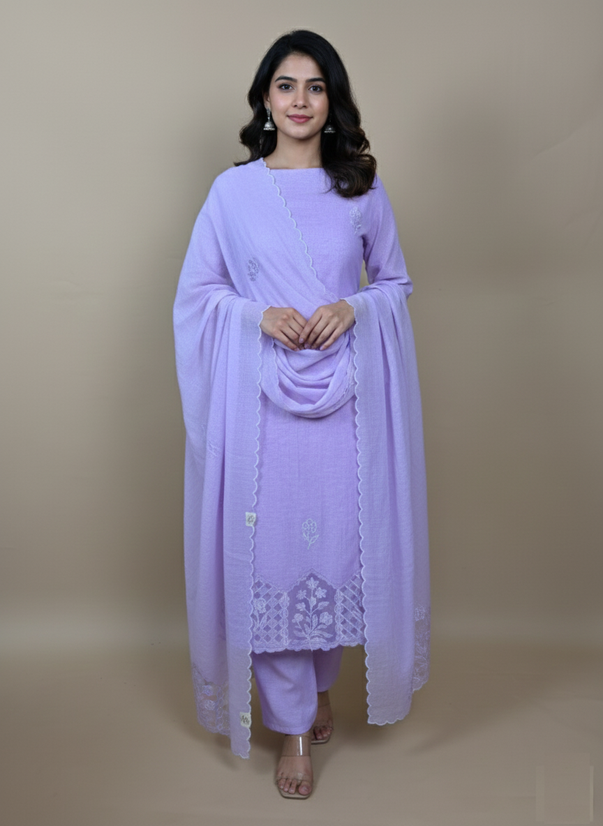 Lilac Mulmul Chanderi with Applique Thread Embroidery Suit