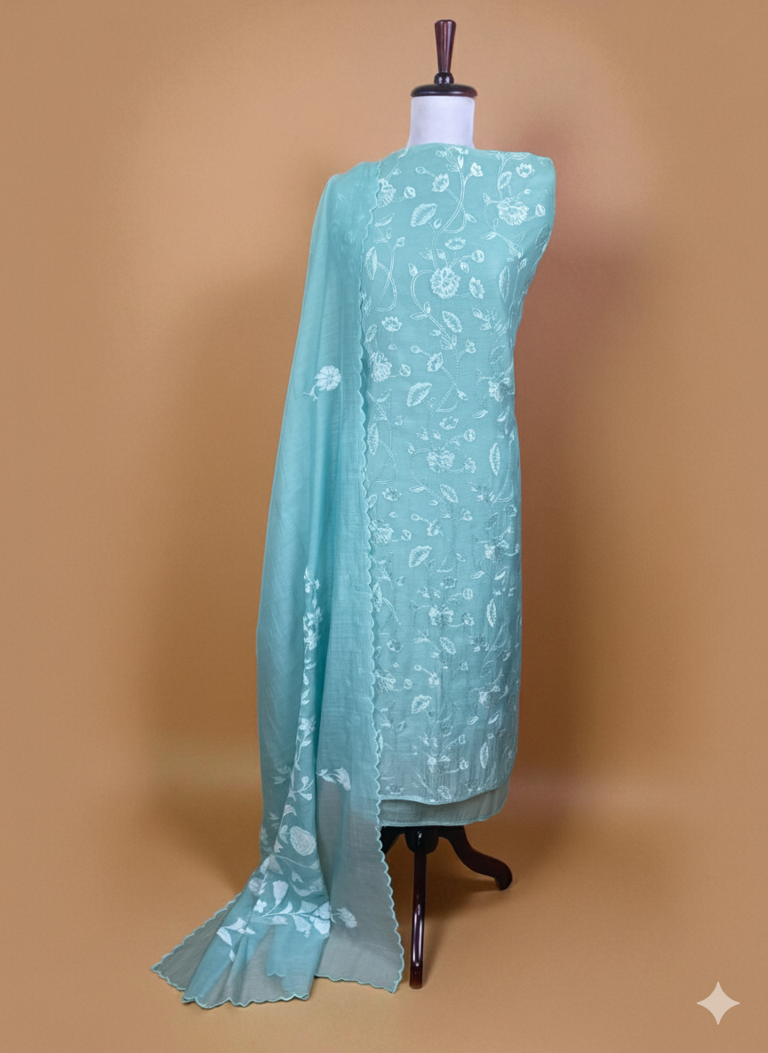Mulmul Chanderi Floral Thread Work Embroidery Suit