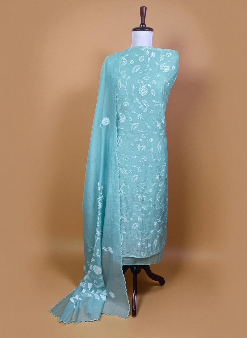 Mulmul Chanderi Floral Thread Work Embroidery Suit Applique Dupatta