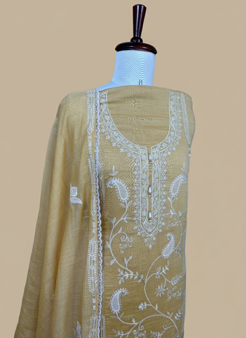 Pure Mulmul Chanderi with Applique Thread Embroidery with Laces