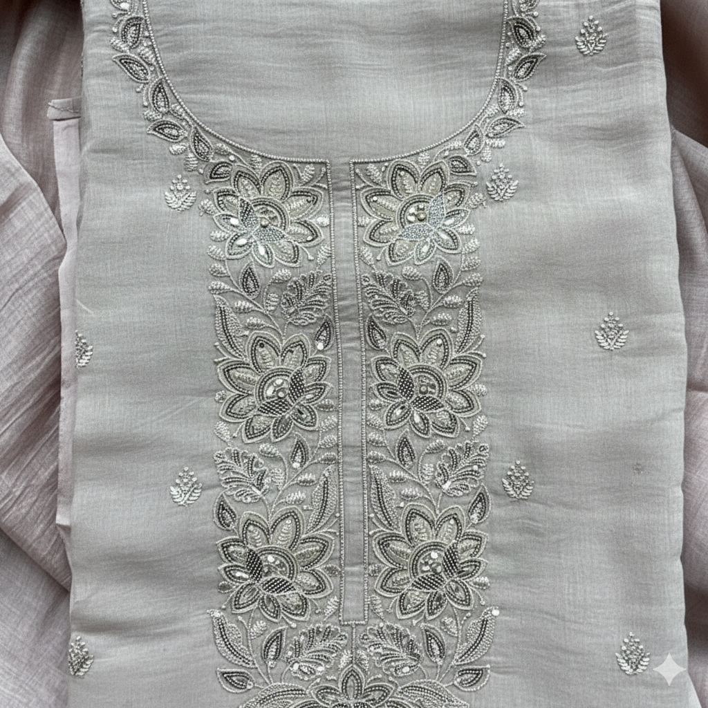 Pure Mulmul Chanderi Suit With Sequence Highlights Embroidery