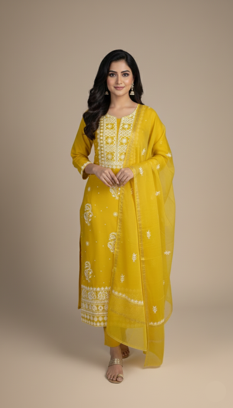 Yellow Pure Mulmul Luckhnavi Unstitched Suit with Pearl Embroidery